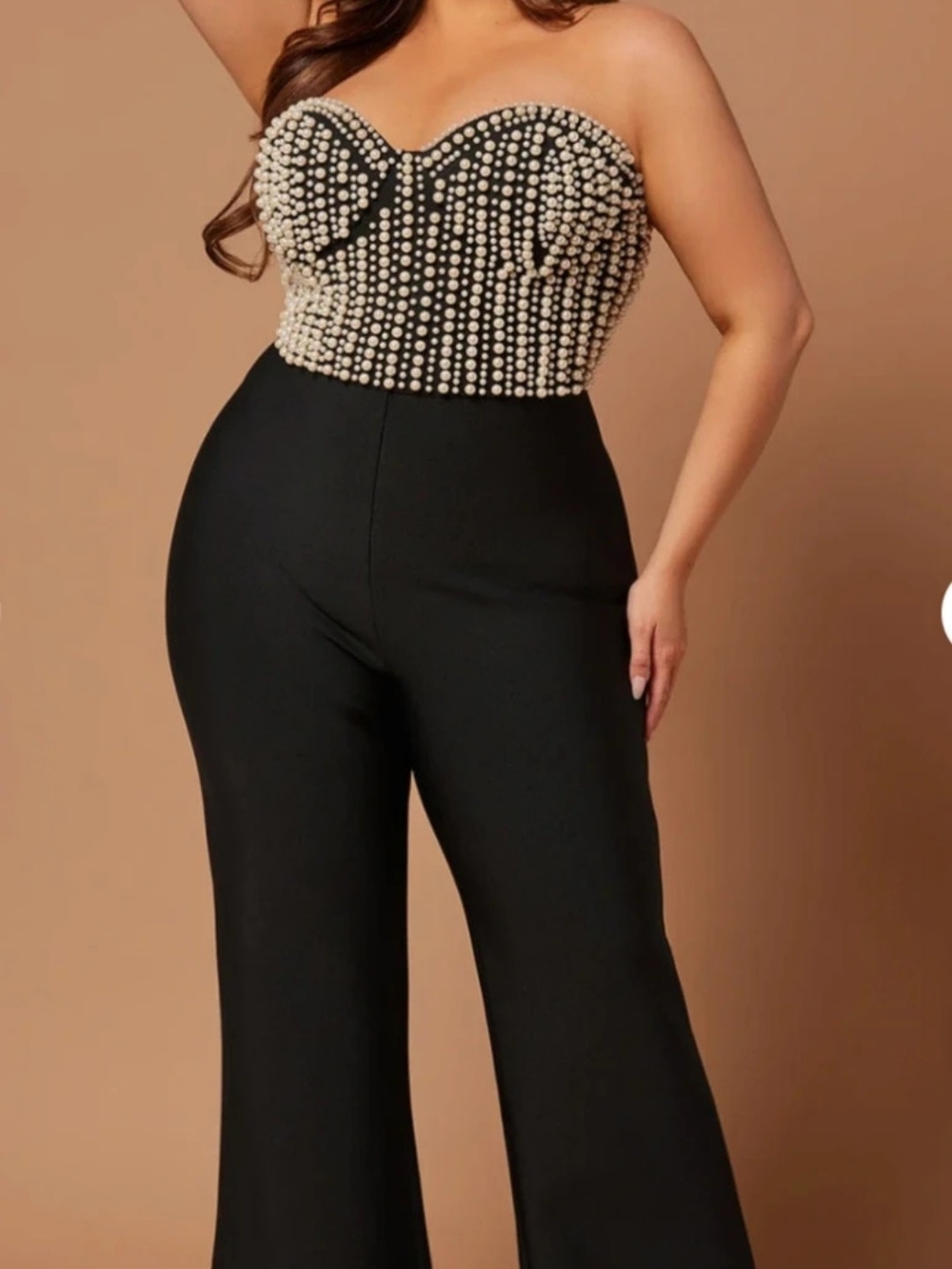 Fashion Nova Pearl-Embellished Strapless Black Jumpsuit